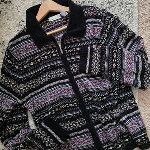 Vintage Fair Isle Zip Cardigan Croft & Barrow Womens L Purple Black Cottage Core